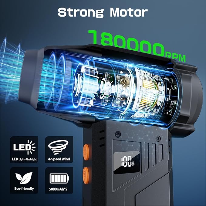 Compressed Air Duster with Flashlight,180000RPM Electric Air Duster,4-Gear with Display High-Speed Electric Duster with Multi-Purpose Nozzles for Computer, Keyboard, Outdoor, House and Car