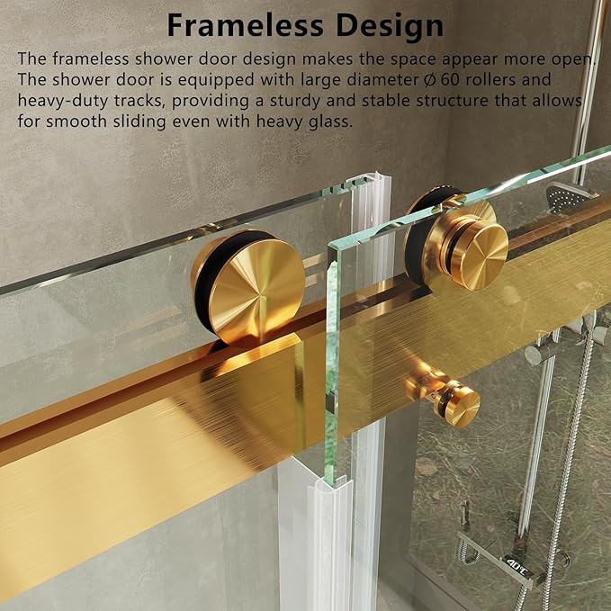 Frameless Soft Close Shower Door, 56"-60 "W, 79 "H, 3/8" (10mm) Clear Tempered Glass, Double Sliding Doors, Brushed Gold Finish.