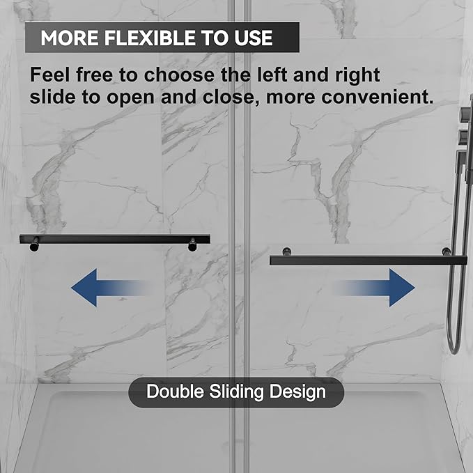 56"-60" W x 75" H Frameless Shower Door, Double Sliding Shower Door,5/16"(8mm) Clear Tempered Glass,Silent Soft-Close Design,Matte Black