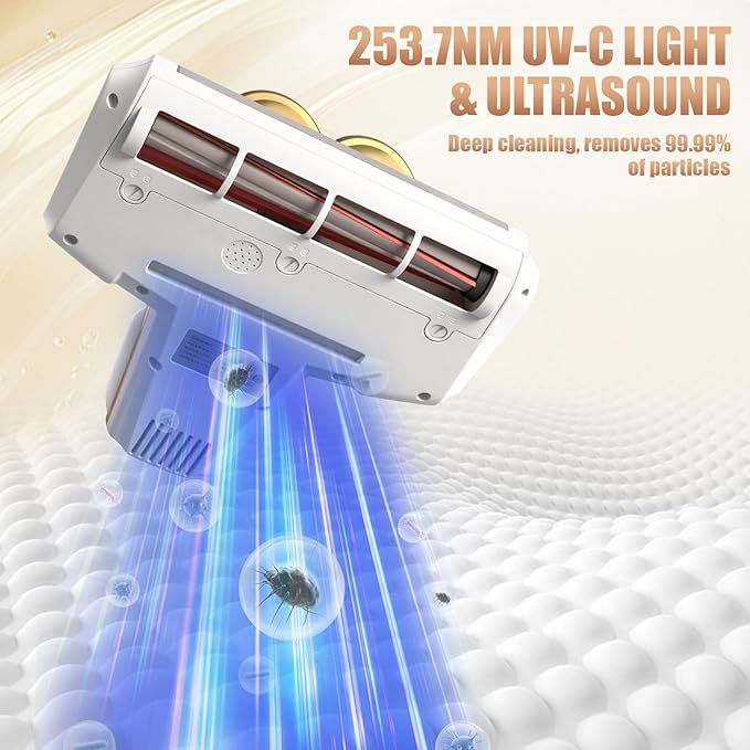 Mattress Vacuum Cleaner, Bed Vacuum Cleaner with HEPA Filter, 13Kpa Suction, UV-C Light, Double Cup Handheld Vacuum for Bed, Sofa, Pillows, Cribs (120W Wireless)