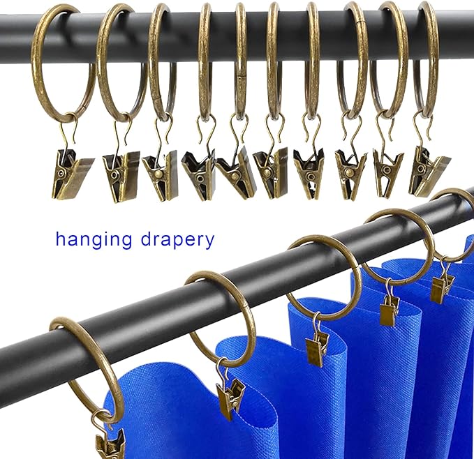 40 Pack Metal Curtain Rings with Clips, Drapery Clips Hooks, Decorative Curtain Rod Clips 1.5 in Interior Diameter, Antique Bronze