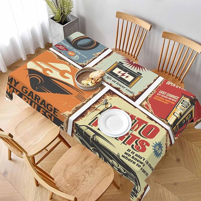 Vintage Car Tin Signs Table Linens 52x70 Old Rusty Posters Retro Auto Service Flyer Table Cloth Rectangle Table for Dining Kitchen Banquet Party Decorative Outdoor Picnic