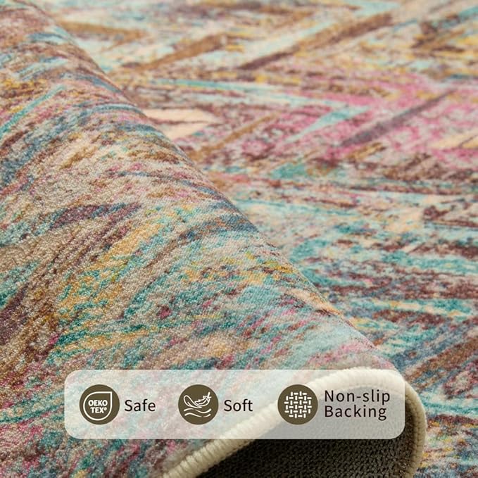 Floral Rug for Living Room Bedroom, 4x6 Washable Rug, Vintage Boho Style, Large Non Slip & Low Pile Wool Carpet for Indoor Dining Room, Girls Room, Nursery Room and Kids Room(Boho Multi 4x6ft)