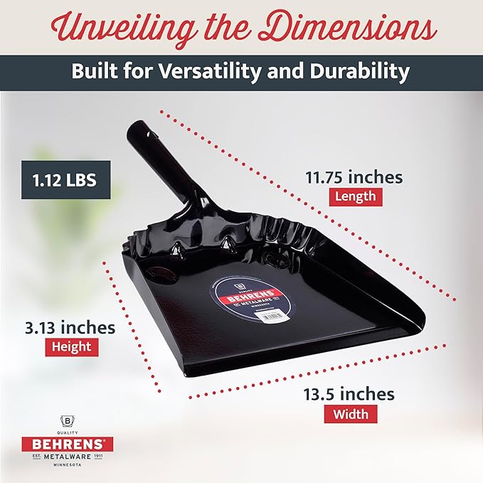 Behrens Portable Weatherproof Galvanized Steel Corrugated Dustpan for Home, Kitchen, Office, or Shop Cleaning and Organization, Black