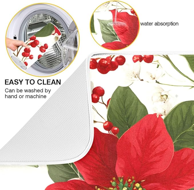 Red Poinsettias with Holly Dish Drying Mat for Kitchen Counter Super Absorbent Drying Mat 16x18 inch Large Dish Drying Matts for Countertop Protector Dishes Pad