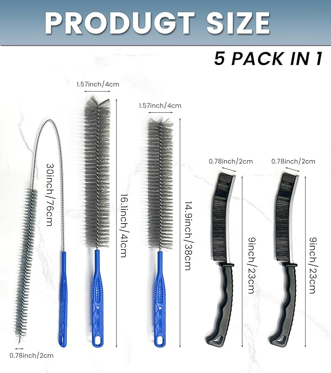 5-Piece Dryer Vent Cleaning Brush Kit Including Grout Brush, Refrigerator Coil Cleaning Brushes, Clothes Trap and Duct Removers, Long-Handled Appliance Cleaning Tool Set for Household Maintenance