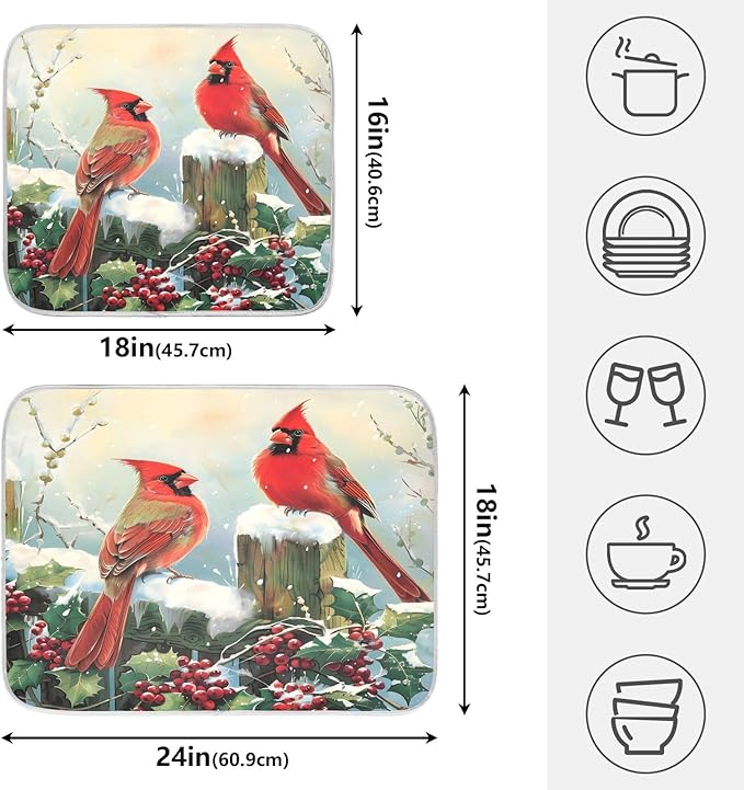 Winter Birds Snowflakes Berry Dish Drying Mat for Kitchen Counter Absorbent Microfiber Large Christmas Drying Pad Dish Mats for Kitchen Countertops 18 x 24 Inch