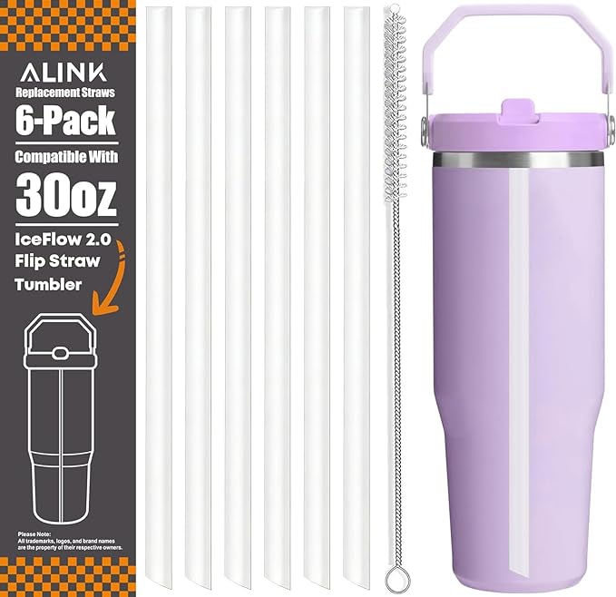 ALINK Reusable Clear Straws for Stanley IceFlow 2.0 Flip Straw Tumbler 30 oz, 6 Pack Plastic Replacement Straws Compatible with 30oz 2.0 IceFlow Cup with Brush, Angled Design, Dishwasher Safe