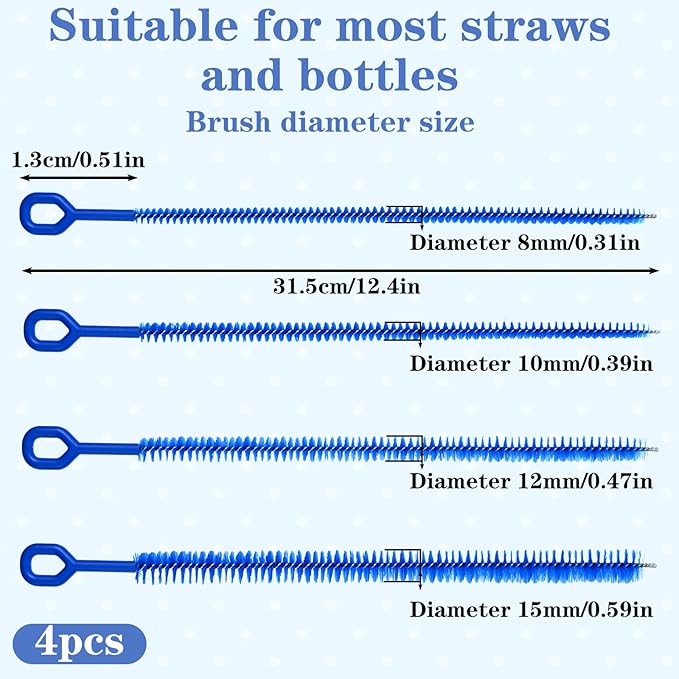 Ouligay 4PCS Straw Brushes for Cleaning Straws 12.4in Extra Long Straw Cleaner Brush with Handle Reusable Cleaning Brushes for Water Bottles Glass Metal Straws (0.31in+0.39in+0.47in)