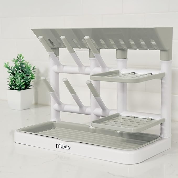 Dr. Brown's Drying Tower, Stand-Up Drying Rack, Countertop Baby Bottle Drying with Organized Storage for Baby Essentials, Space Saving Vertical Rack, Gray