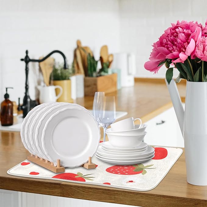 Dish Drying Mat for Kitchen Absorbent Drying Mat Reversible Dish Drying Pad Dish Drying Mats for Kitchen Counter Utensils Pots Water Cup Pink Strawberry