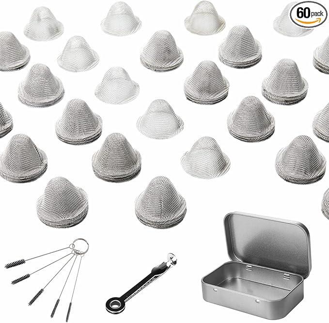 60 Pieces 1/2 Inch Stainless Steel Mesh Clean Screens with Tapered Design, 0.5 Inch Size, Along with a 3-in-1 Cleaning Tool, Brush, and Stainless Steel Storage Box