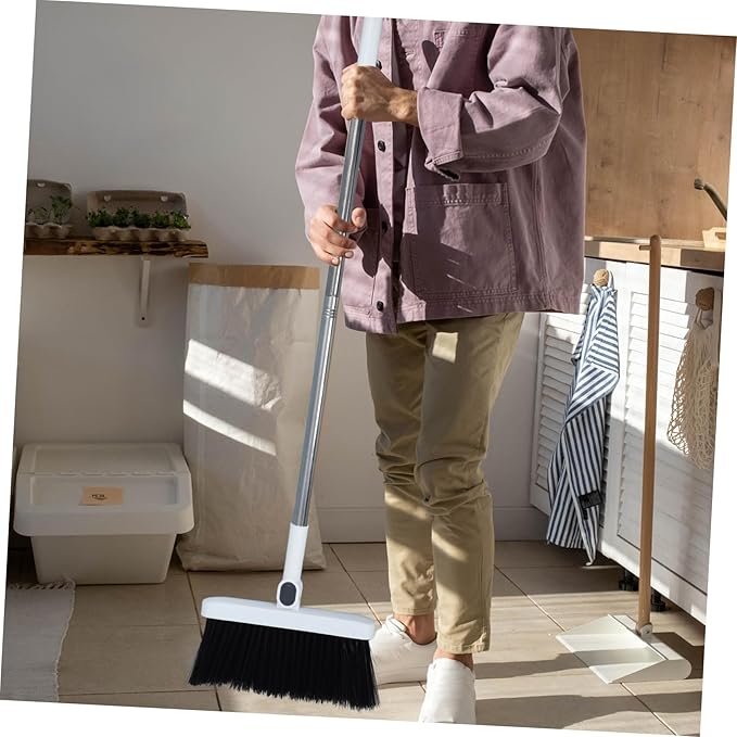 FRCOLOR Long Handle Broom and Foldable Dustpan Set Lightweight Stainless Steel Broom with Comb Teeth Ergonomic Design for Efficient Floor Cleaning for Home and Office