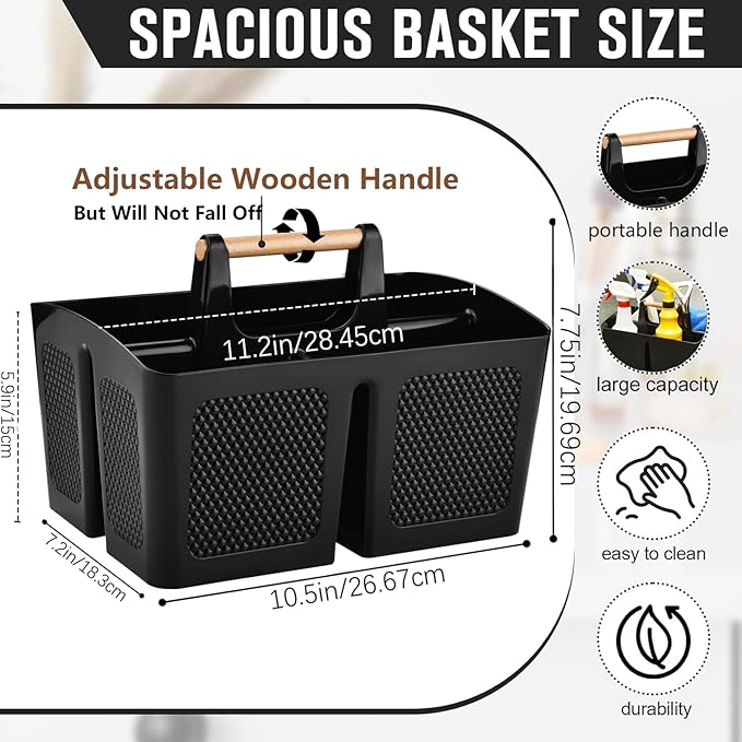 Haundry Plastic Black Shower Caddy Basket with 3 Compartments, Portable Divided Bathroom Cleaning Caddy Organizer Storage Tote with Handle for Dorm, College, Room Essentials