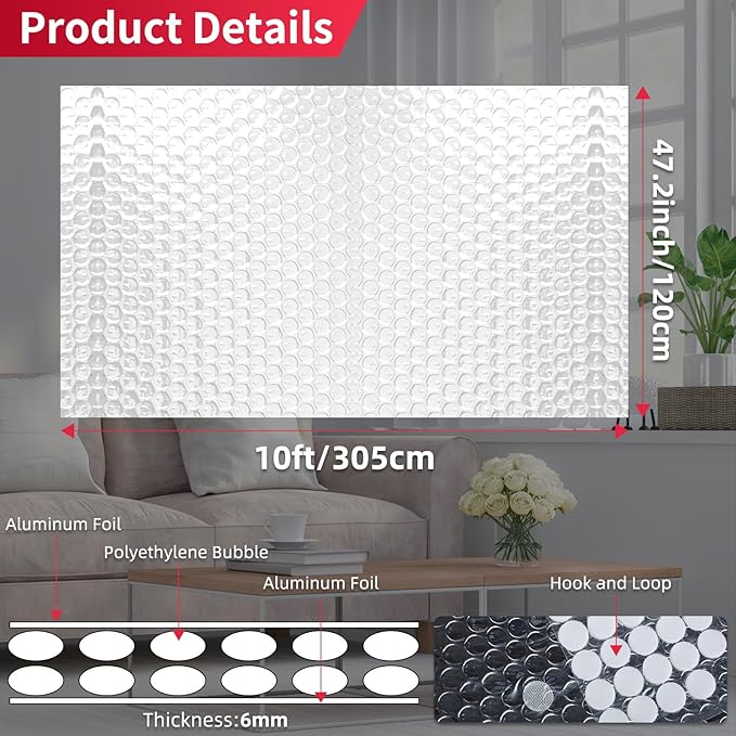 47.2 in X 10ft Reflective Bubble Insulation Aluminum Foil Sheets, Bubble Wrap for Packing Attic Door Insulation Cover, Window Tint for Home Heat Blocking, Window Film, Garage Door Screen，6mm