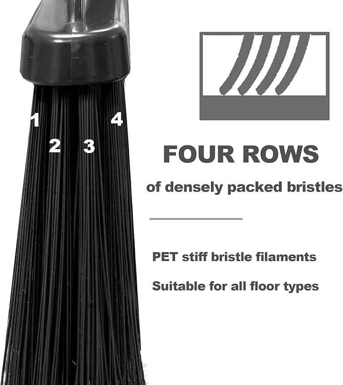 Four-Section Rod Long-Handled Broom,Heavy-Duty Broom, Angle Broom for Outdoor/Indoor（Black）