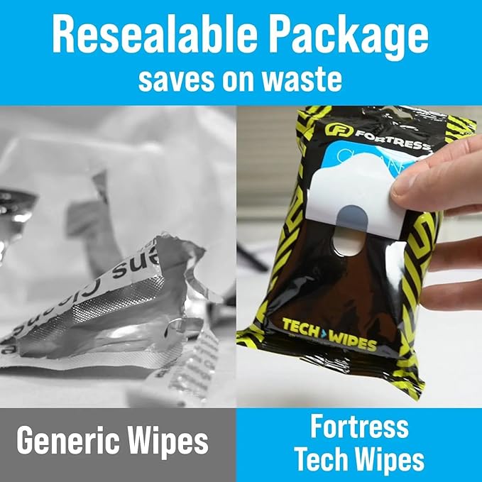 Fortress Electronic Wipes With Microfiber Cloth (25 ct, Pack of 64) To-Go Tech Wipes for Screens, Phones, Keyboards, TV Monitors, Computer Screens, and More [Travel Size] Skin-Safe