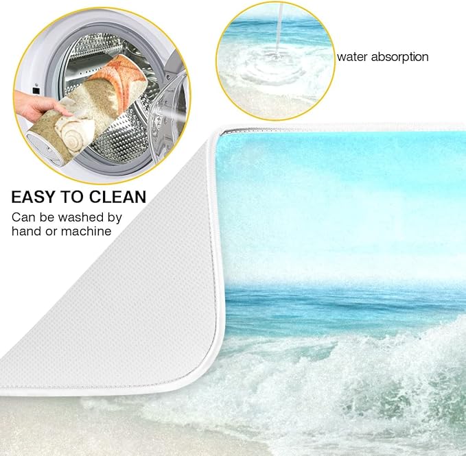 Summer Beach Dish Drying Mat 18 x 24 Inch Sea Wave Shells Starfish Drying Mat with High Absorbent Reversible Microfiber Kitchen Mat Dish Rack Pad Dish Drainer Mat for Kitchen Counter Coffee Bar