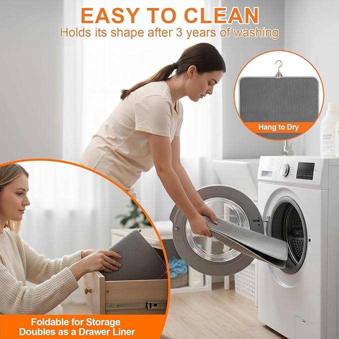 Dish Drying Mat 24 x 17 in, Large Microfiber Drying Mats, Absorbent Quick Dry Pad for Kitchen Counter, Countertop Protector for Dishes, Pots & Pans, Machine Washable, Gray (2 PCS)