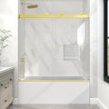 KPUY Frameless Tub Shower Door, 55-60" W x 60" H Double Sliding Bathtub Door, 1/4" (6mm) Thick Tempered Clear Glass with Explosion-Proof Film Nano Coating, Brushed Gold