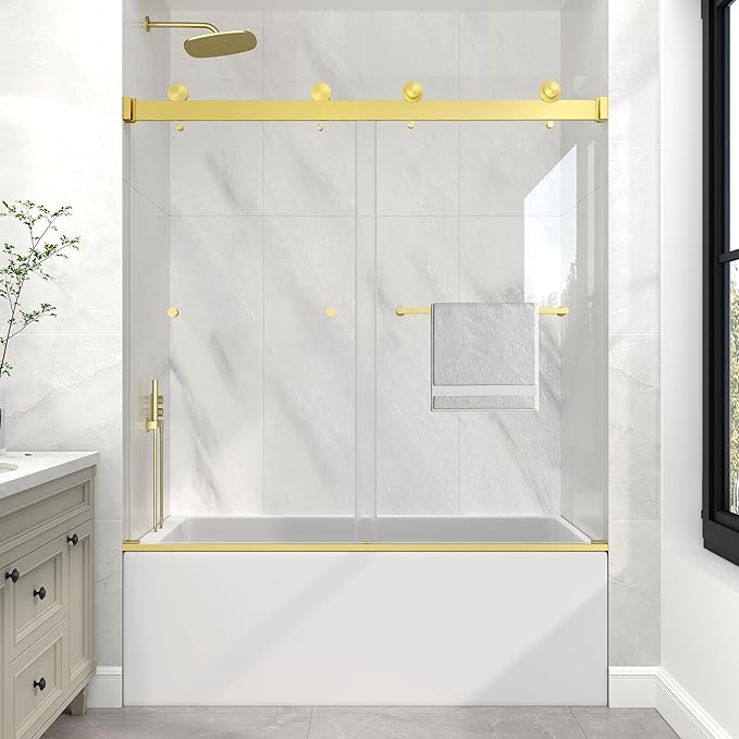 KPUY Frameless Tub Shower Door, 55-60" W x 60" H Double Sliding Bathtub Door, 1/4" (6mm) Thick Tempered Clear Glass with Explosion-Proof Film Nano Coating, Brushed Gold