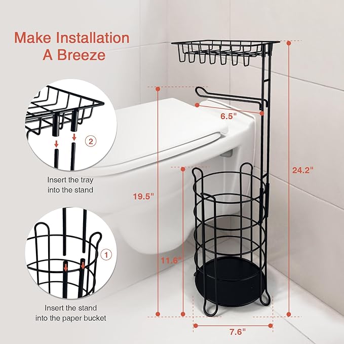 Matte Black Free Standing Toilet Paper Holder Stand with Shelf, Freestanding Bathroom Tissue Dispenser with Wipes Storage, Floor Toilet Paper Holder with Phone Tray for Large Mega Rolls