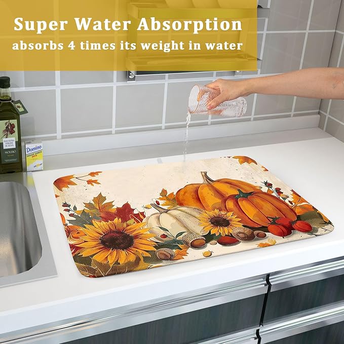 Happy Thanksgiving Day Harvest Dish Drying Mat for Kitchen Counter,Sunflower Maple Leaves Pumpkin Drying Mat 18 x 24 Inch with Absorbent Reversible Microfiber Dish Drying Pad for Coffee Bar