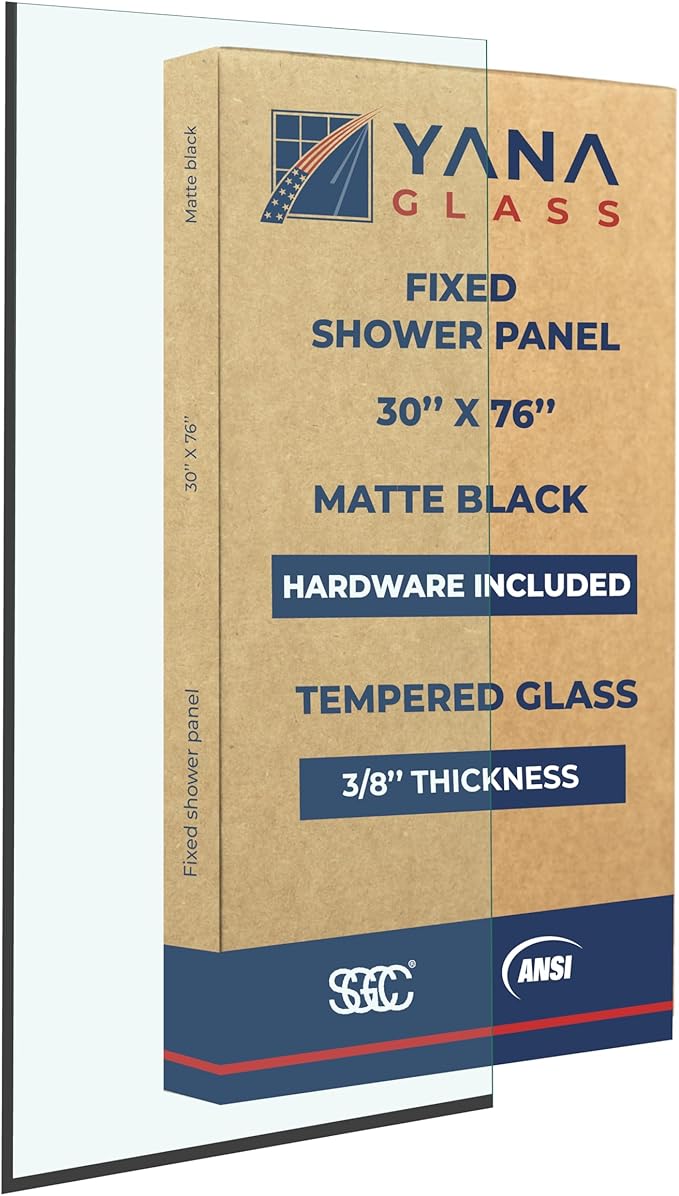 Yana Frameless Shower Door Screen, Fixed Shower Door Panels 3/8" Thick Tempered Glass, Water Repellent, Reversible Shower Wall Panel with Matte Black Finish 30" x 76"