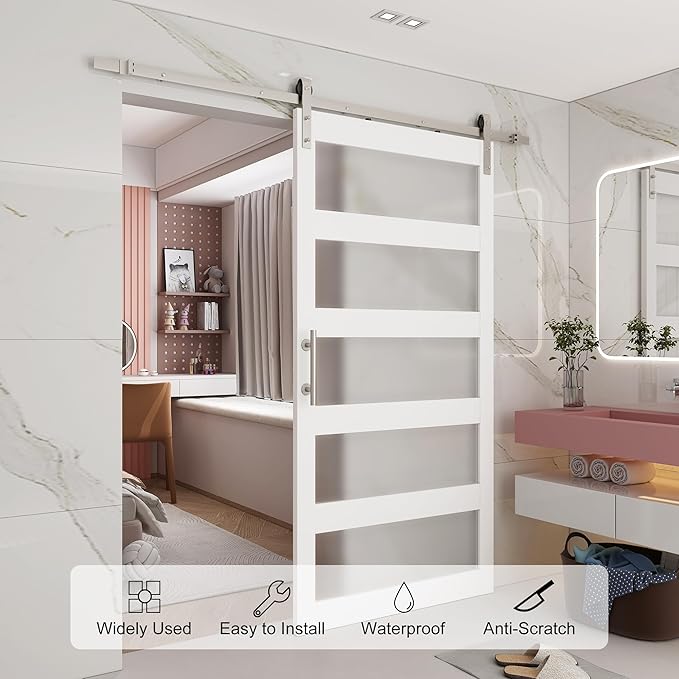 BARNSMITH 42in x 84in Glass Barn Door with 7FT Brushed Nickle Sliding Door Hardware Kit Included & Handle,5-Panel Frosted Glass Solid Wood Water-Proof PVC Surface,Pre-Drilled Easy Assembly,White