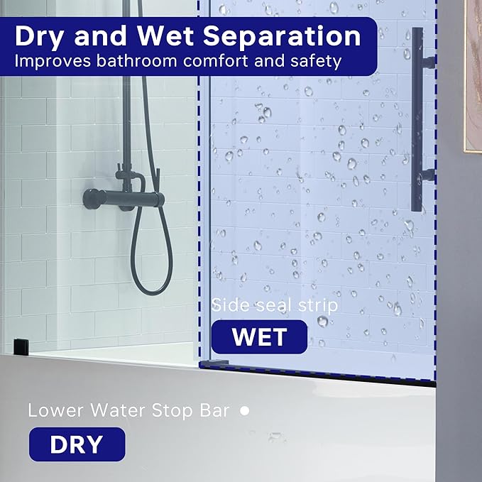 Woodbridge Frameless Bathtub Shower Doors 56-60" Width x 62" Height with 3/8"(10mm) Clear Tempered Glass in Matte Black Finish