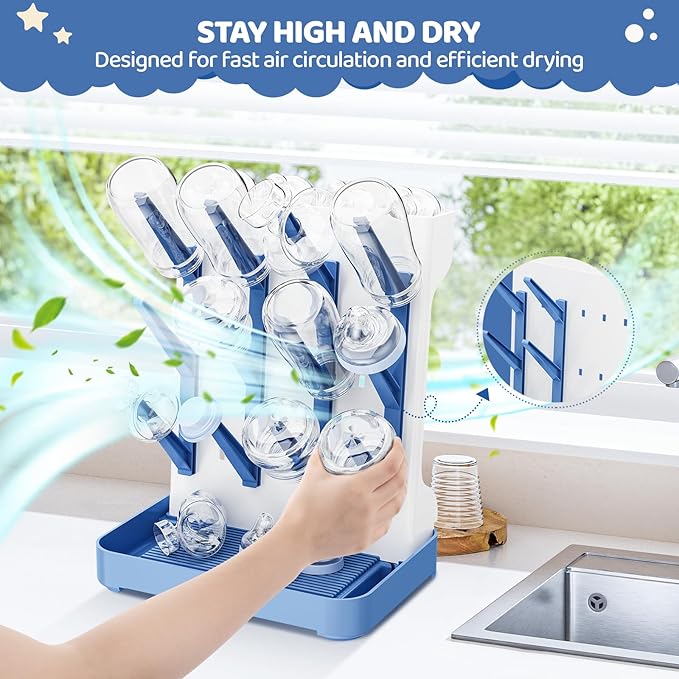 Dayacoco Baby Bottle Drying Rack, Space Saving Vertical Bottles Dryer Holder, Standing Bottle Drying Rack for Countertop Kitchen Organize Bottles, Brushes, Baby Accessories (Blue)