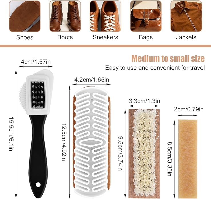 4pcs Suede Shoe Cleaning Kit, 3 Suede Shoe Brushes Cleaner Kit with Long Rubber Wiping Eraser for Shoes Boots Sneaker Bag & Jackets
