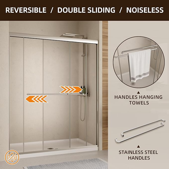 Sliding Shower Door,Royal Guard 56-60" W x 70" H Semi-Frameless Double Sliding Glass Shower Door with 1/4'' (6mm) Clear SGCC Tempered Glass,Bypass Shower Door,Chrome Finish