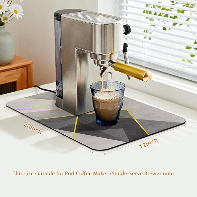 Espresso Mat 20x12 Inch,Gray Geometric Appliance Mat, Absorbent Hide Stain Rubber Backed Dish Drying Mat for Kitchen Counter, Mats for Countertops, Under Coffee Bar Maker Machine Pot Espresso Machine