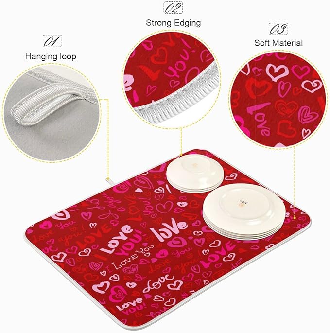 Happy Valentine's Day Dish Drying Mat for Kitchen Red Pink Heart Love Words Microfiber Drying Mats Absorbent Reversible Dish Pad Large Dish Draining Mat 18x24 inch