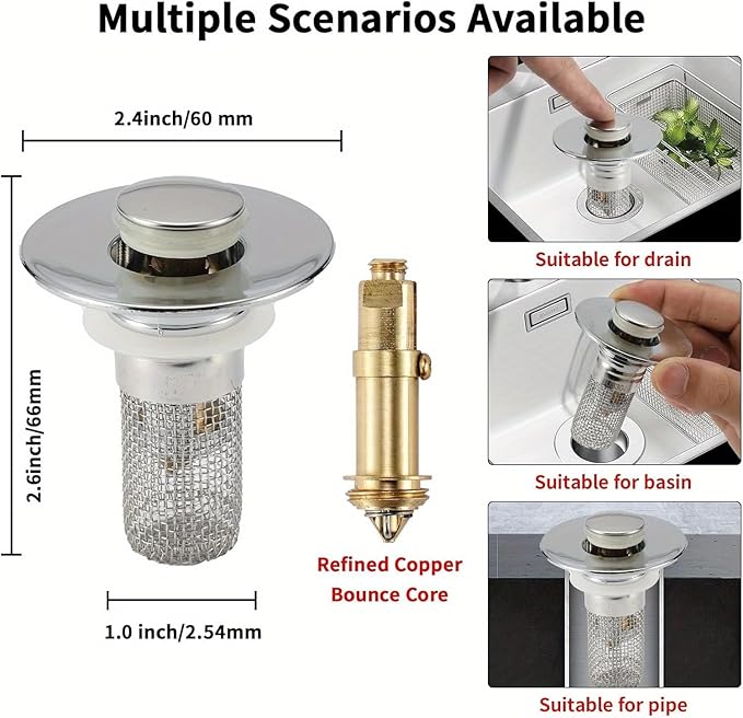 Bathroom Sink Stopper Hair Catcher - Drain Catches & Strainers with Removable Stainless Steel Filter Basket, Pop-Up Design, Easy Cleaning, and US Drain Compatibility. (2pcs)