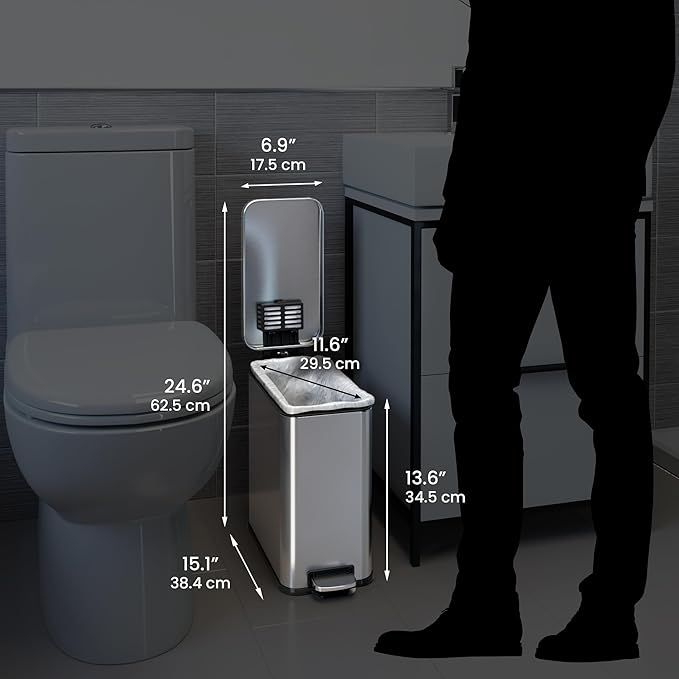 iTouchless 3 Gallon Slim Bathroom Trash Can with Lid & Odor Control, Soft-Step Stainless Steel Pedal Bin for Narrow Space, Fingerprint-Proof Wastebasket for Office, Nursery, Under Sink, Brushed Silver