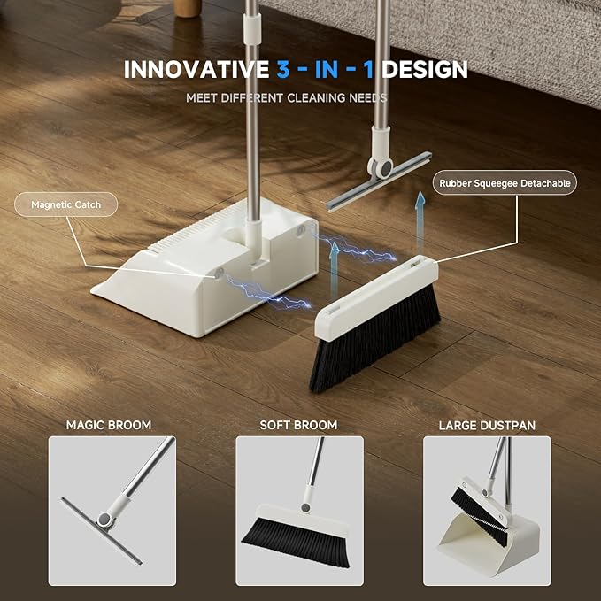 Magnetic Broom and Dustpan Set with Silicone Squeegee, 55'' Broom with Dustpan Combo Set Self-Cleaning Teeth Design Upright Standing Dustpan with Grey Microfiber Cloth for Indoor Floor Home Kitchen
