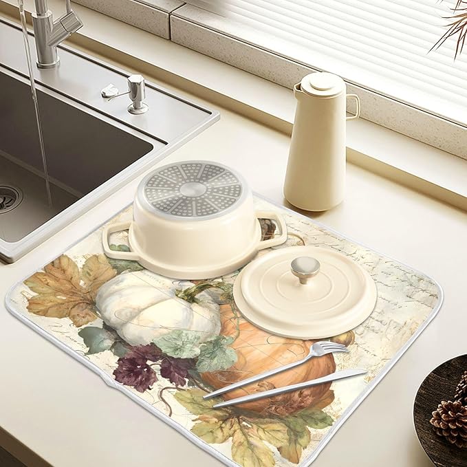 Autumn Pumpkin Fall Leaves Thanksgiving Dish Drying Mat for Kitchen Counter Absorbent Microfiber Small Drying Pad Dish mats for Kitchen Countertops 16 x 18 Inch