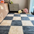 12Pcs Interlocking Carpet Tiles,12"x 12" Plush Interlocking Foam Carpet Tiles with Border,Fluffy Play Mat Floor Tiles Thick Padded Squares Foam Tiles for Playroom Decor (Khaki+Grey)