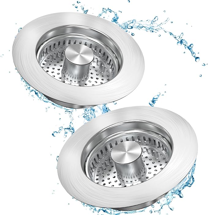 Upgraded 3 in 1 Kitchen Sink Drain Strainer Stopper, Brushed Stainless Steel SUS 304 Pop Up Sink Drain Stopper for Standard 3-1/2 Inch Drain Anti-Clogging Odor Prevention