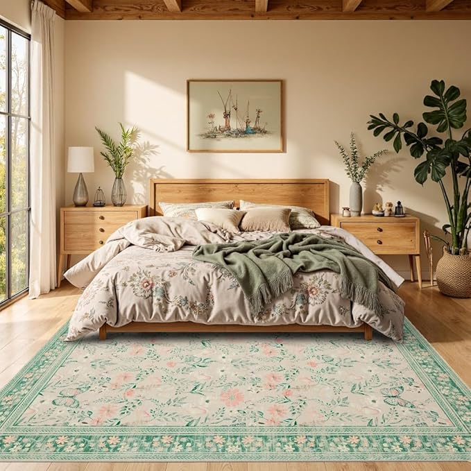 Floral Rug for Living Room Bedroom, 6x9 Washable Rug, Green Vintage Boho Area Rug, Large Non Slip Low Pile Wool Carpet for Indoor Dining Room,Girls Kids Room and Nursery Room(Sage Green 6x9ft)