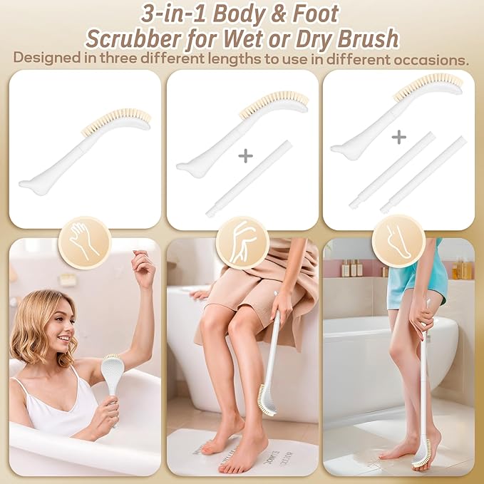 New Foot Brush & Back Scrubber Set 2PCS, 10.2''- 27.5'' Adjustable Foot Scrubber for Shower, 18.9'' Shower Back Scrubber with 3-Length Usage, Great Aid for People with Limited Mobility(White)