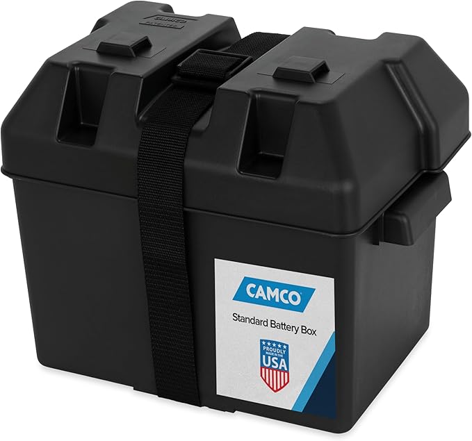 Camco Heavy Duty Battery Box with Straps and Hardware - Group 24 |Safely Stores RV, Automotive, and Marine Batteries |Durable Anti-Corrosion Material | Measures 7-1/4" x 10-3/4" x 8" | (55363)