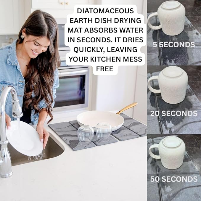 Large Stone Dish Drying Mat for Kitchen Counter | 23.5” L x 15.3” W Diatomaceous Earth Quick Drying Pad | Foldable & Super Absorbent Dish Drying Stone for Plates, Bottles & Utensils | Gray