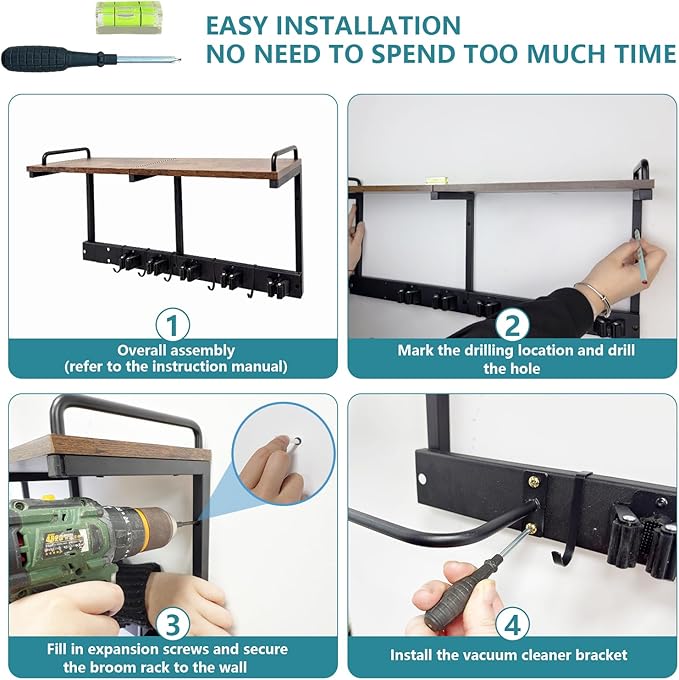 Broom Holder Wall Mount With Cleaning Supplies Organizer Shelf Broom And Mop Organizer Wall Hanging With Vacuum Holder Wall Mount, Wall Mounted Broom Hanger Utility Racks For Home Garage Laundry Room