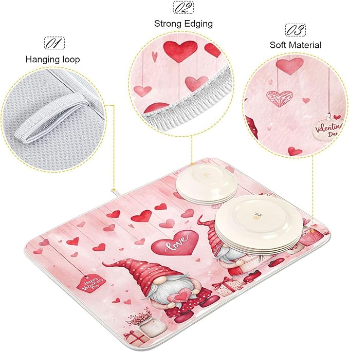 Valentine’s Day Gnomes Dish Drying Mat for Kitchen Countertop 16x18 Pink Love Heart Pink Small Drying Mat Reusable Quick Dry Dish Sink Mats Easy Clean Decorative Essentials