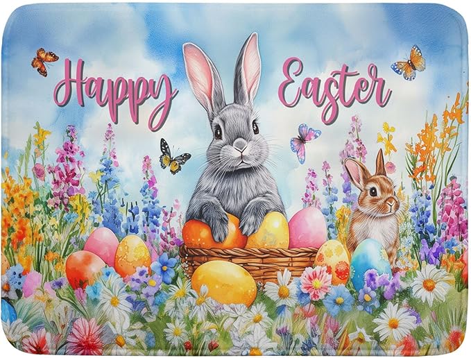 Khope Happy Easter Dish Drying Mat for Kitchen Counter 18x24 Inch Bunny Eggs Butterfly Flowers Reusable Washable Farmhouse Flower Drying Pad Countertop Home Decor