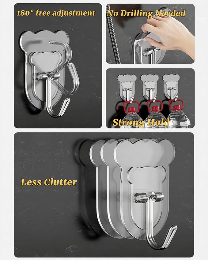10 Pcs Heavy Duty Adhesive Hooks 10lb Max - Transparent Waterproof Sticky Wall Hooks for Bathroom, Shower, Kitchen, Office - No Damage Self Adhesive Hanging for Towels, Coats, Keys & Home Decor