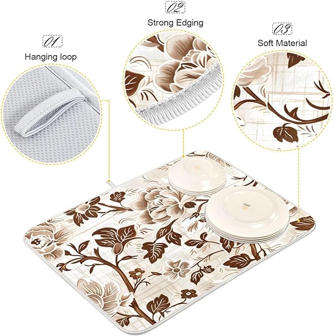 Brown Beige Floral Leaves Dish Drying Mat for Kitchen Counter Absorbent Microfiber Drying Pad, Large 18x24 in